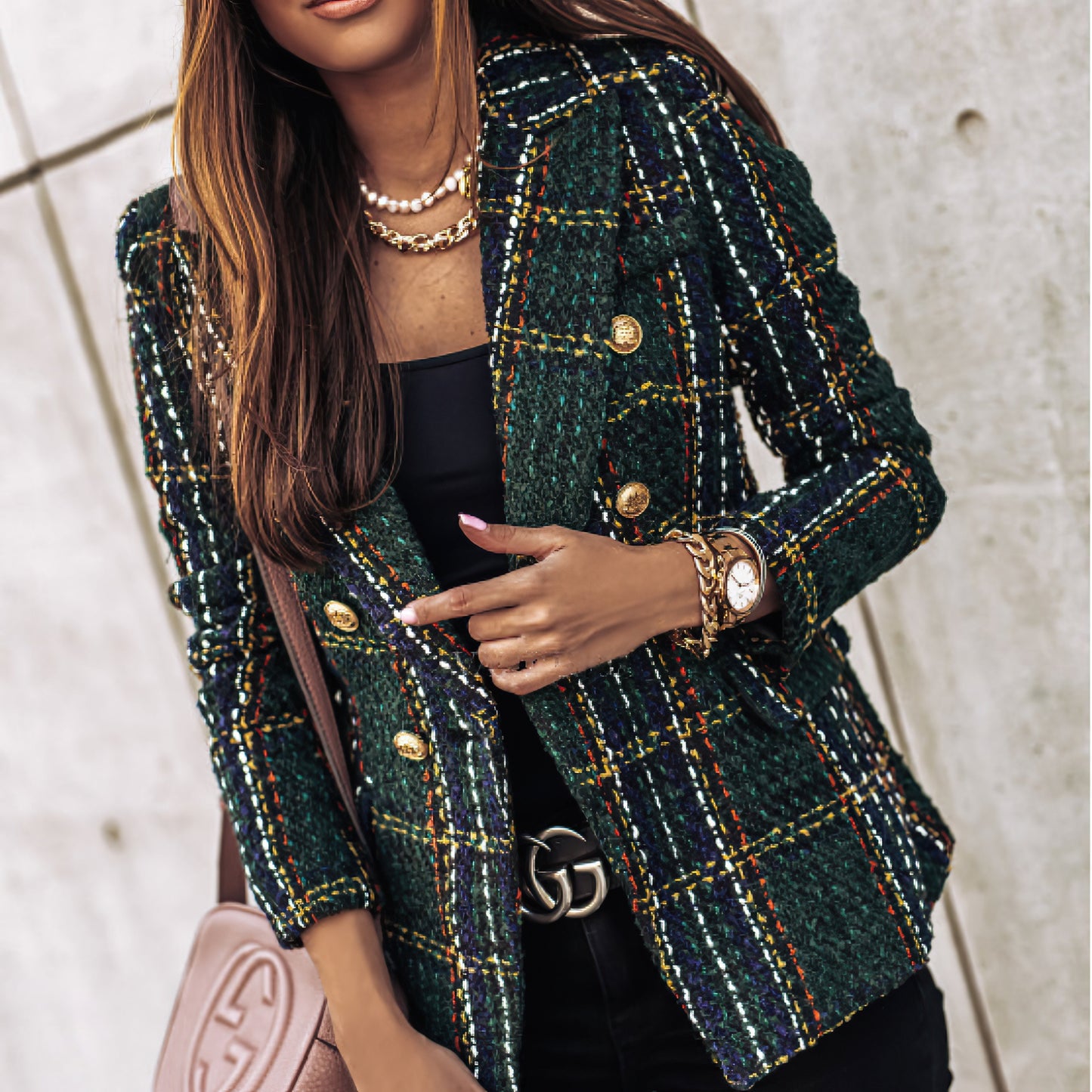 BELLA | CHECK DOUBLE BREASTED BLAZER