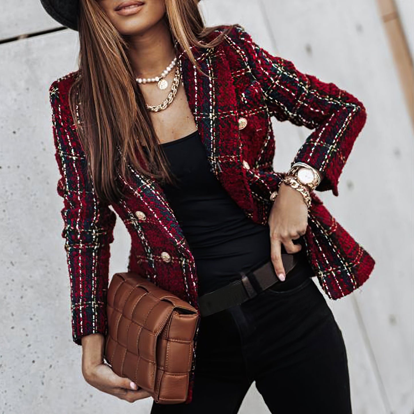 BELLA | CHECK DOUBLE BREASTED BLAZER